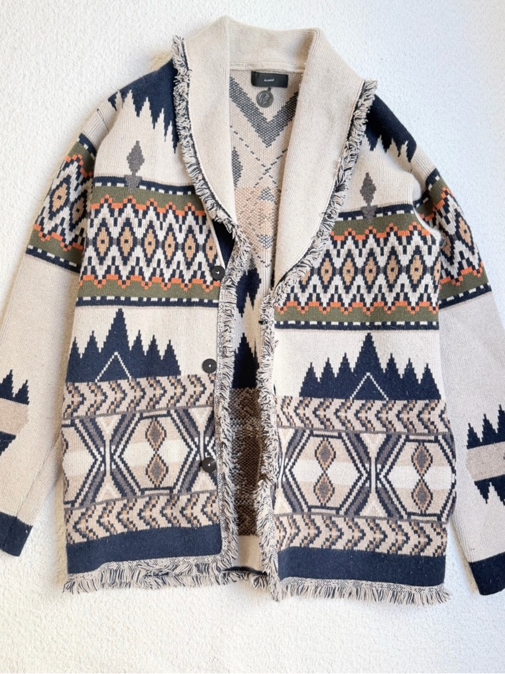 Alanui Cashmere Fringed Aztec Knit Cardigan in Cream & Navy